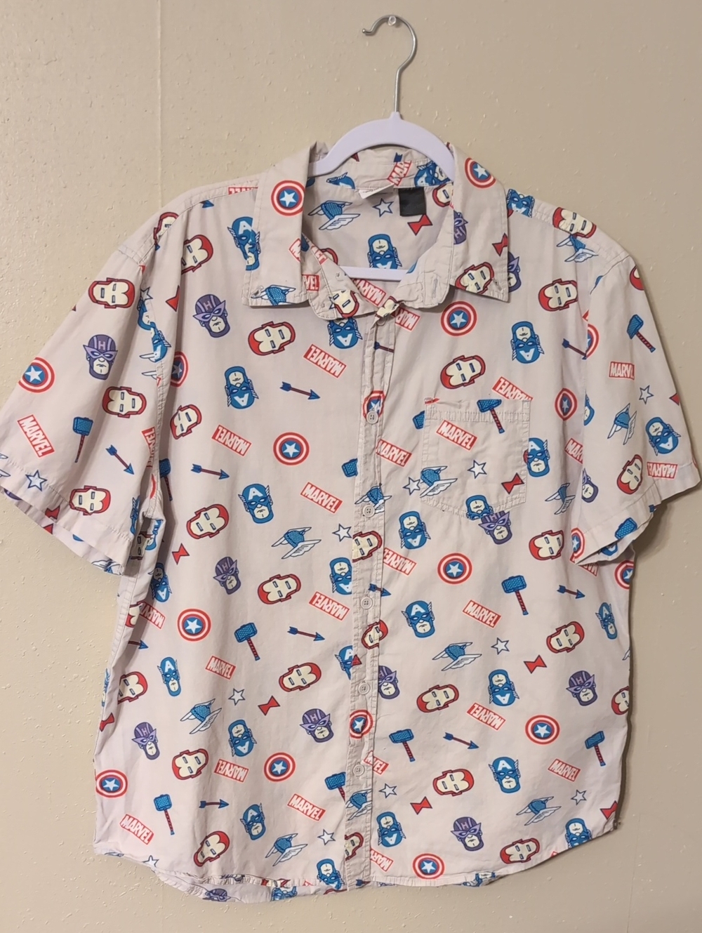 Marvel Short Sleeve Button-Down Shirt in White with Blue & Red Graphics